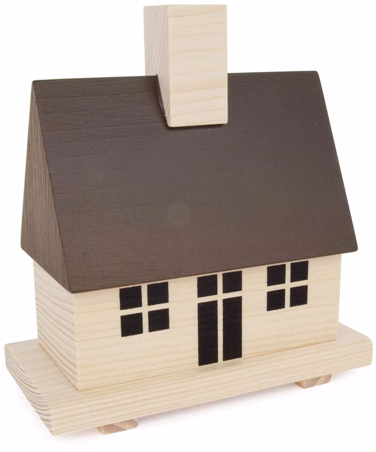 Räucherhaus aus Holz mit dunklem Dach und Schornstein, detailreiches Häuschen auf Sockel