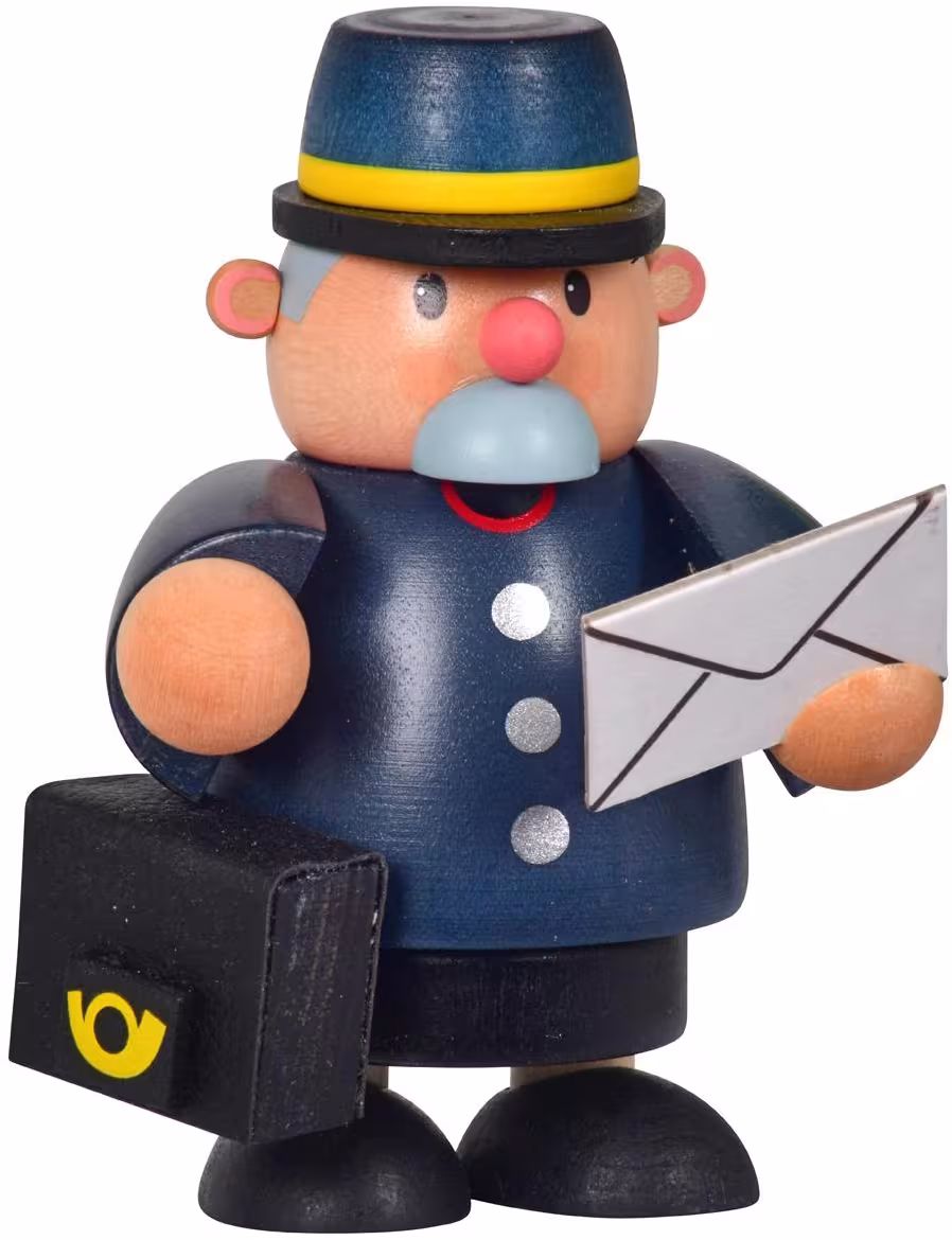 Räuchermann Postbote in blauer Uniform mit Brief und Tasche aus Holz, detailreiche Erzgebirge Figur