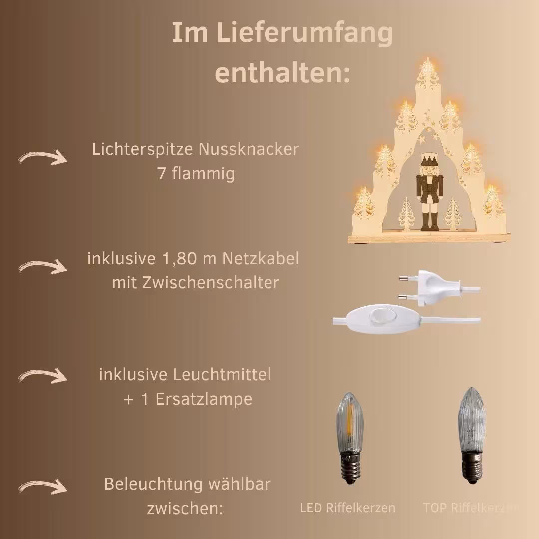 Schwibbogen – klassischer detailreicher Nussknacker in filigraner Laubsägeoptik, naturfarben mit elektrischer Beleuchtung und Kabel Stecker ...
