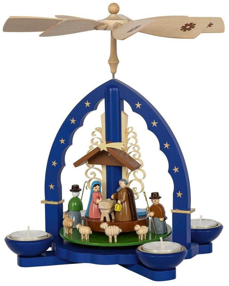 Weihnachtspyramide mit Christi Geburt und Tieren in Blau aus dem Erzgebirge von Richard Glässer,