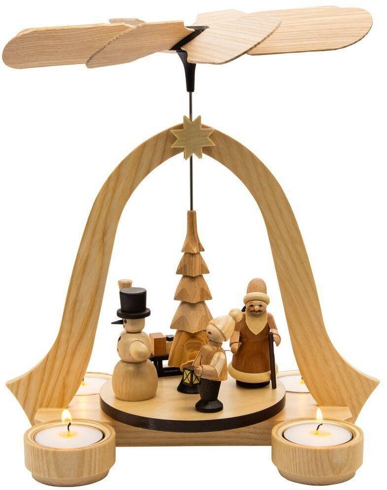 Weihnachtspyramide &ndash; detailreicher Schneemann mit Laternenkindern, naturfarben &ndash; angetrieben durch Teelichter &ndash; BxHxT = 24,5 x 26 x 20 cm