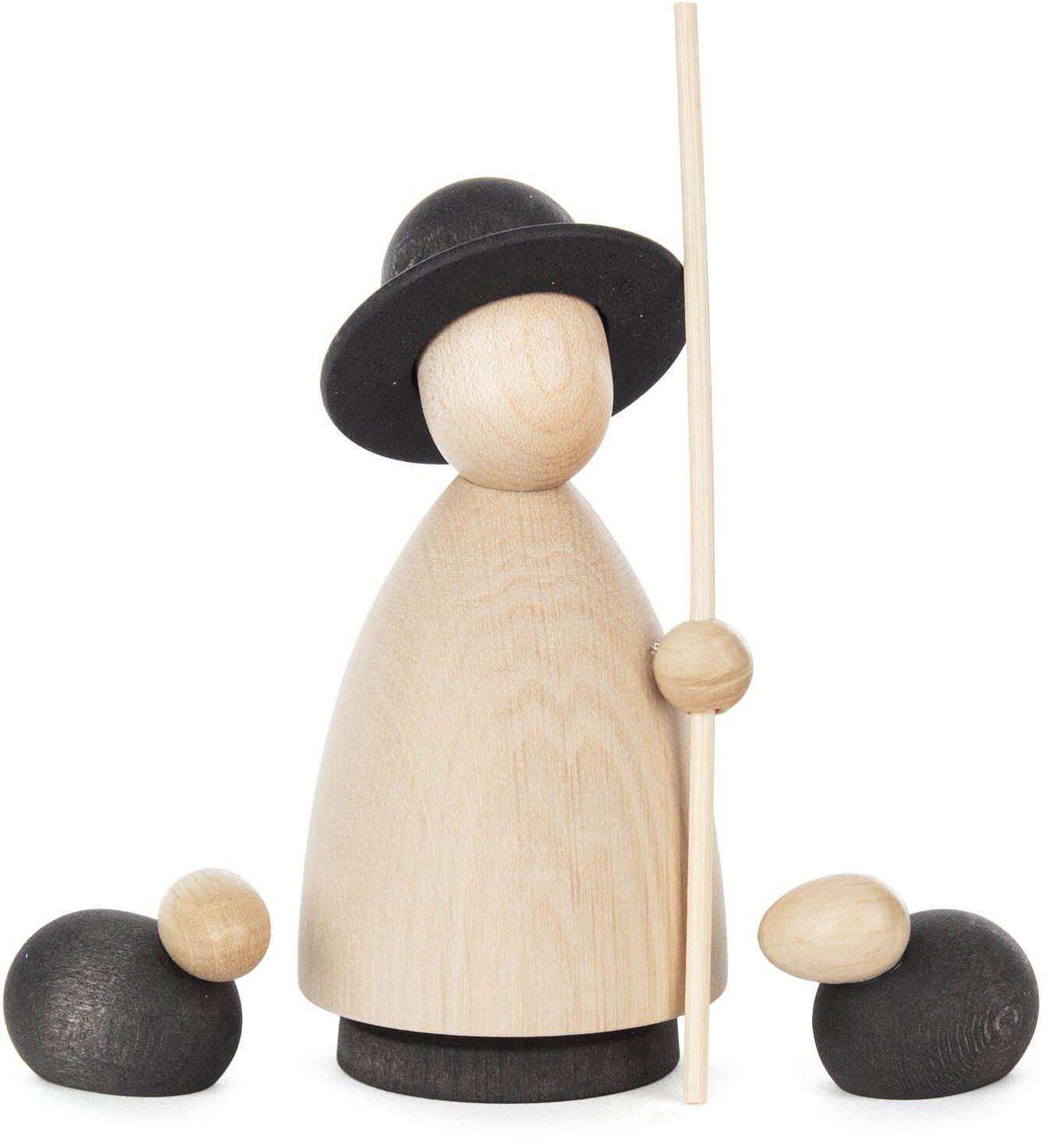 Miniaturfigur Schäfer mit 2 Schafen natur/anthrazit groß Höhe 11 cm aus Holz von Großhandel Dregeno,