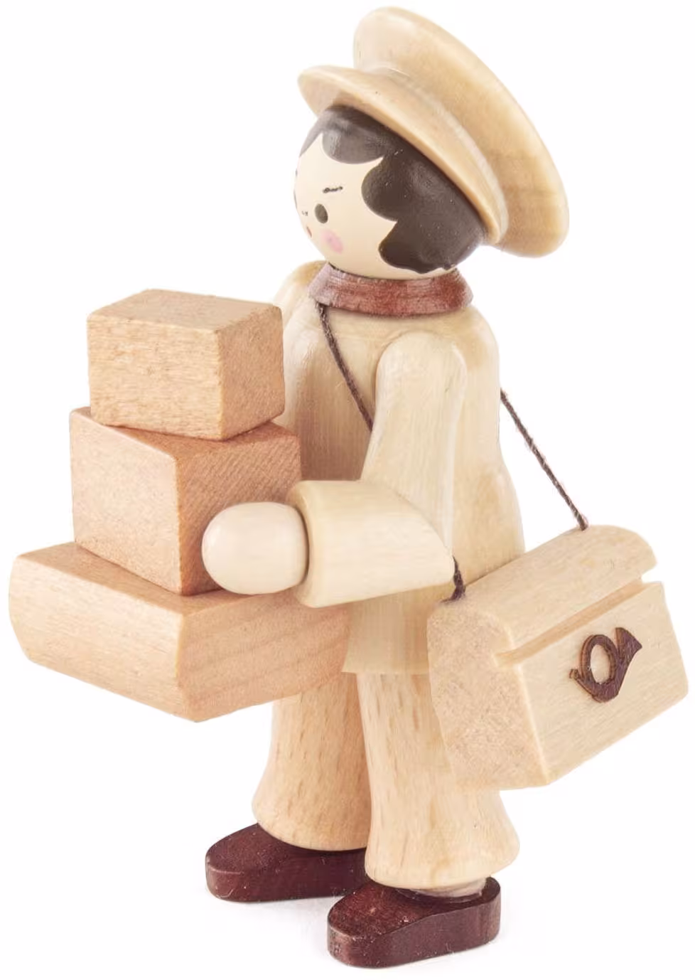 Miniaturfigur Paketzusteller natur 4x6,5x4 cm aus Holz mit Paketen und Umhängetasche von Großhandel