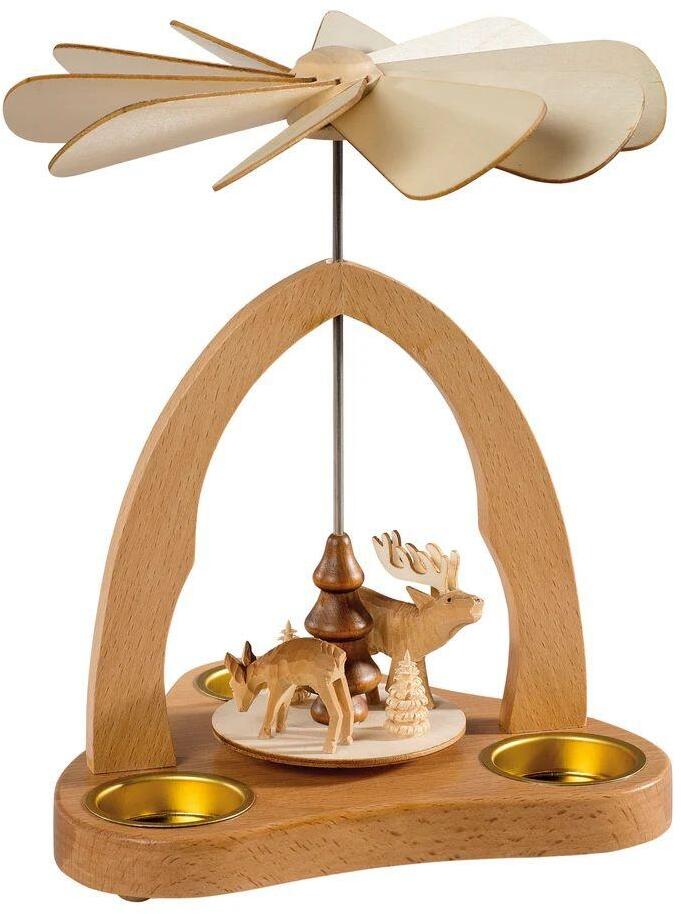 Tischpyramide &ndash; fr&ouml;hlicher Weihnachtsmann und Schneemann mit handgedrehten B&auml;umen, bunt &ndash; Hx&oslash; = 20 x 21 cm