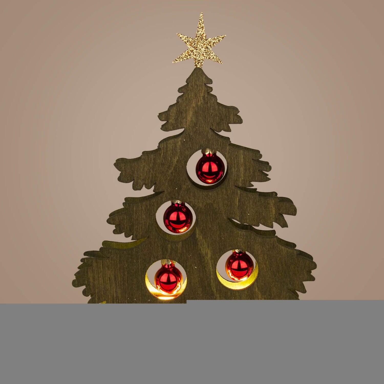 Schwibbogen – stilvolle Mini-Tanne grün gebeizt mit roten Kugeln und warmem LED-Licht – BxHxT 17 x 23 x 5 cm