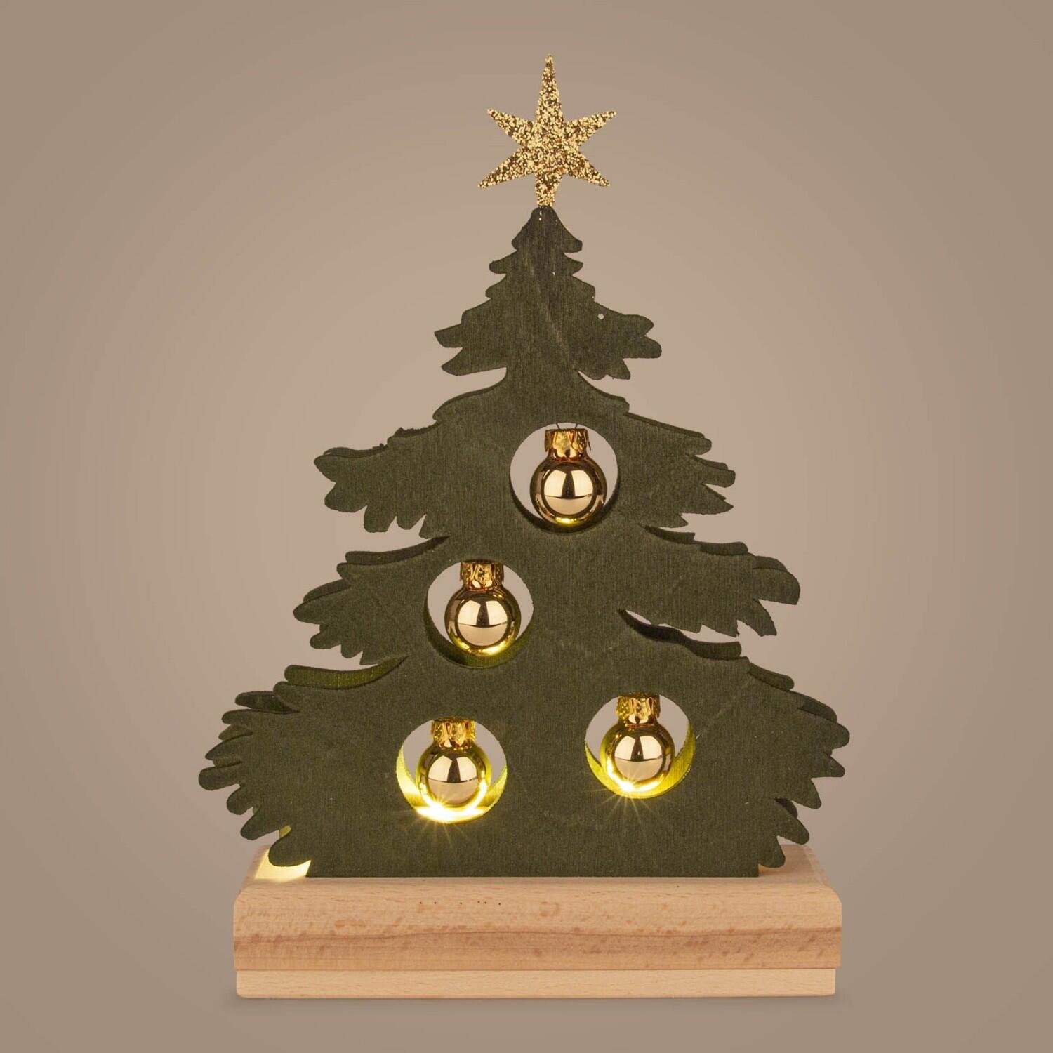 Schwibbogen – grün gebeizte kleine Tanne mit goldenen Kugeln und LED-Strip auf Holzsockel – BxHxT 17 x 23 x 5 cm