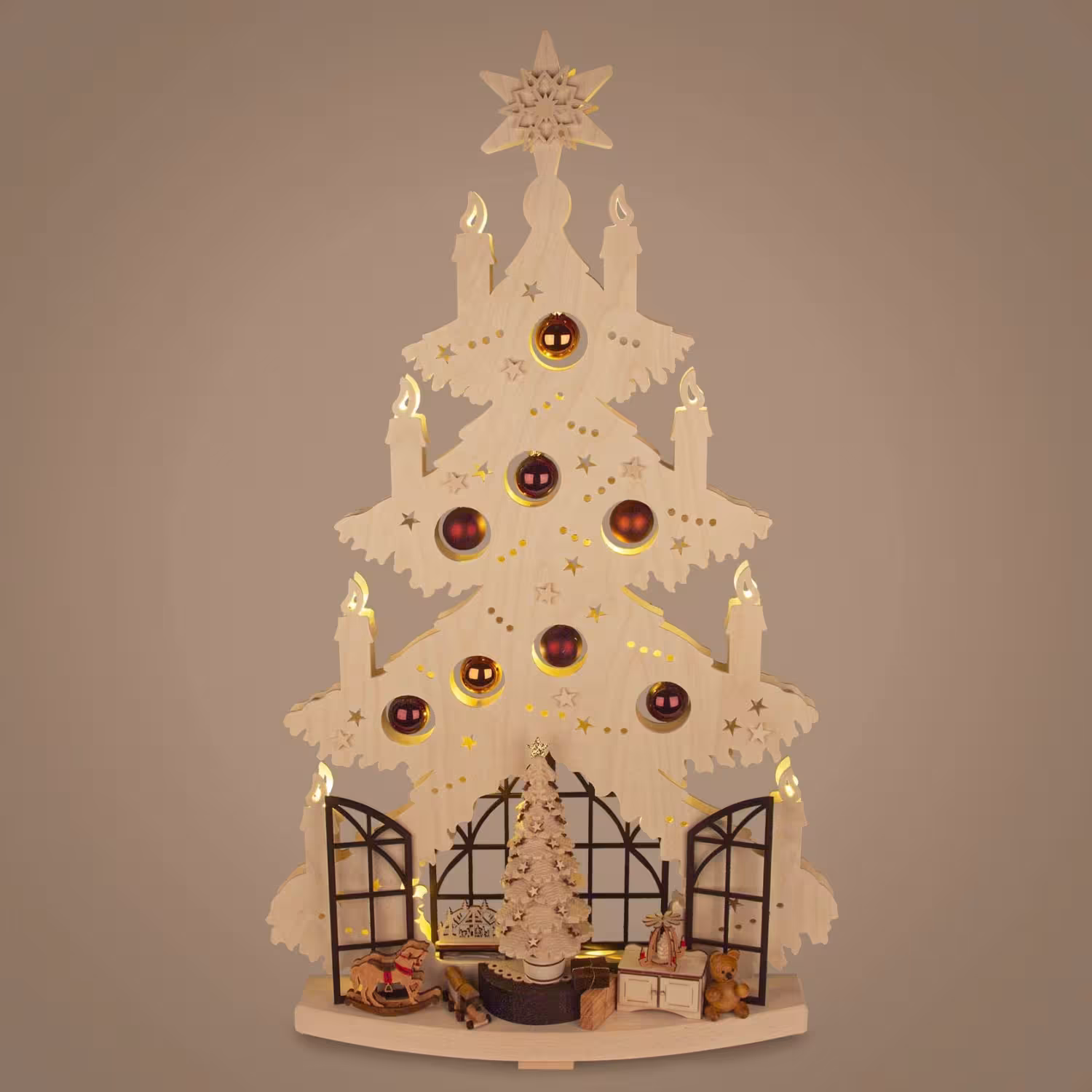 Schwibbogen Tanne mit Weihnachtsstube und Mini-Pyramide, naturfarbener Holzleuchter mit warmweißen