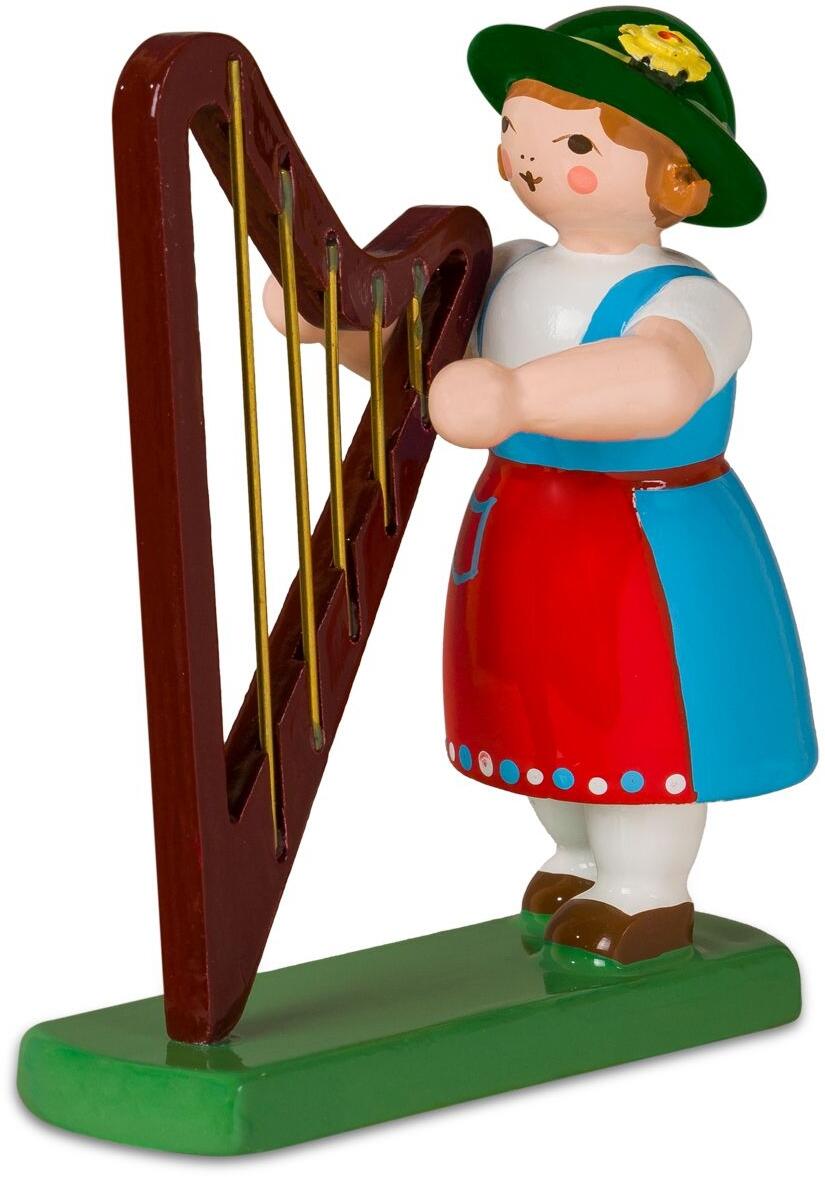 Holzfigur niedliche Musikantin mit roter Schürze und Harfe von KDE Kunstgewerbliche Drechslerei