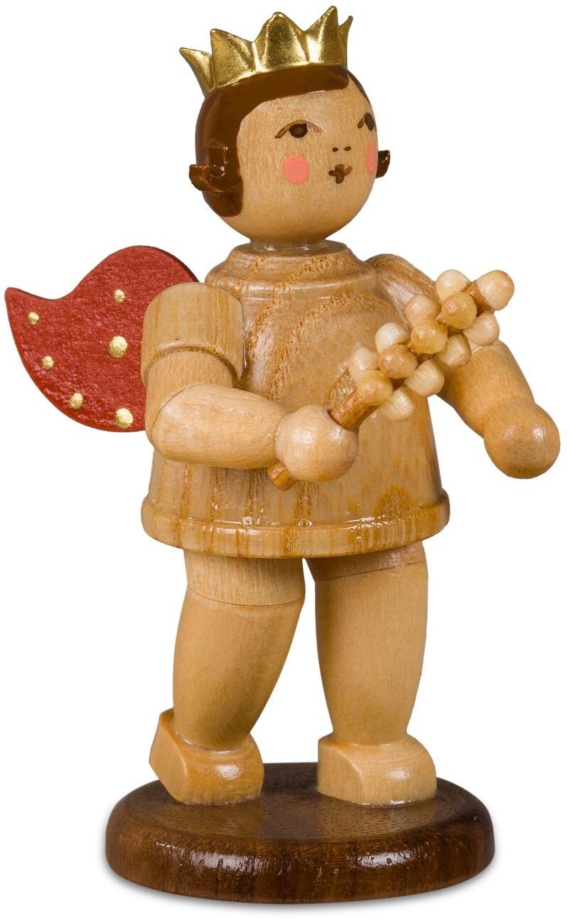 Weihnachtsfigur &ndash; naturfarbener Engel mit goldener Krone und Schellenstab &ndash; BxHxT 3 x 6,5 x 3 cm