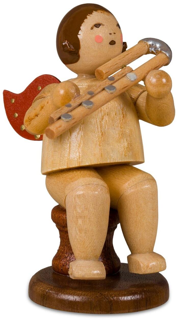 Weihnachtsfigur &ndash; sitzender Engel natur mit Bassfl&ouml;te und roten Fl&uuml;geln &ndash; HxB 6,5 x 4 cm