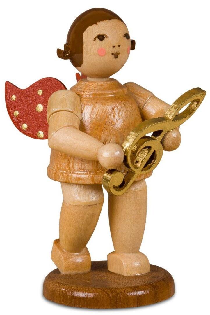 Weihnachtsfigur &ndash; naturbelassener Engel mit goldenem Notenschl&uuml;ssel und rotem Fl&uuml;gel &ndash; Gr&ouml;&szlig;e 6,5 cm