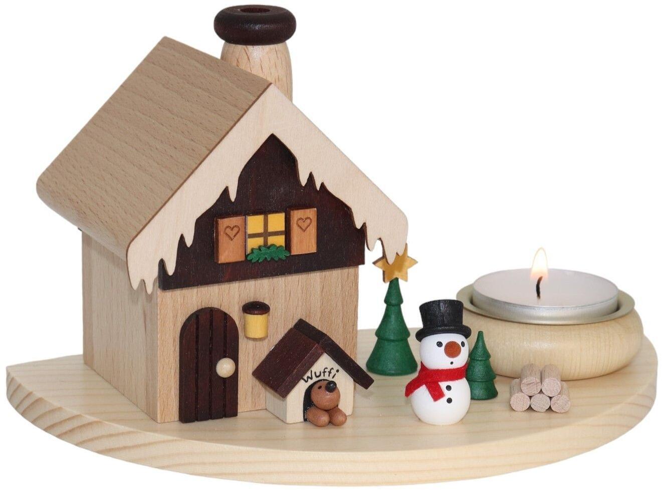 R&auml;ucherhaus &ndash; winterliches H&auml;uschen mit Schneemann und Teelicht &ndash; BxHxT 18 x 10,5 x 10,5 cm