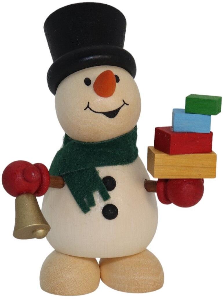 Holzfigur &ndash; fr&ouml;hlicher Schneemann mit bunter Geschenkstapel und goldener Glocke &ndash; BxHxT 5,5 x 9,5 x 6,5 cm
