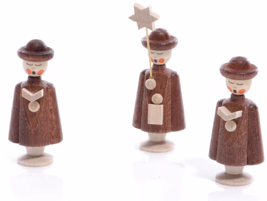 Seiffener Kurrendefiguren aus Holz in Natur, drei Miniaturfiguren mit Buch und Stern in schlichter