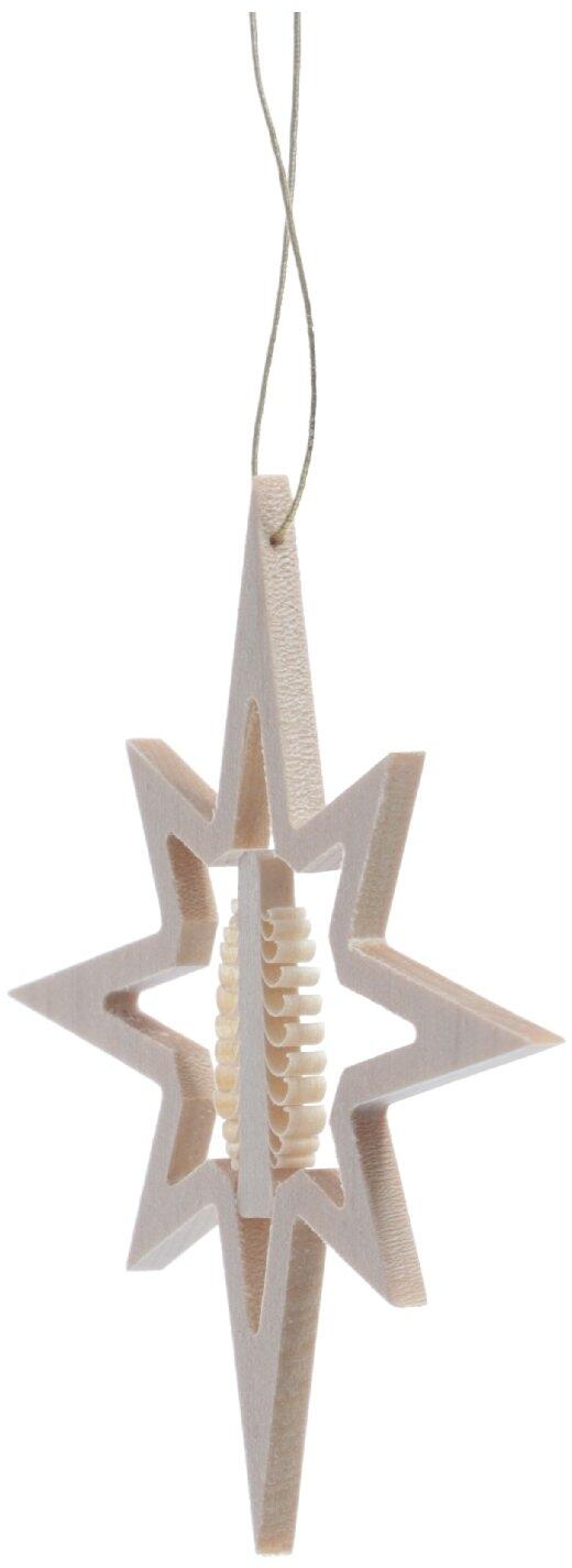Baumbehang - Holzstern mit gestochenem Spanbaum – flach - Ansicht Links - Fadenlänge ca 7cm