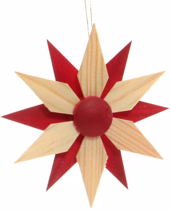 Christbaumschmuck – Filigrane, handgefertigte Holzsterne im 4er-Set mit je sechs Holzsegmenten in Natur und Rot – BxHxT ca. 8x8x2 cm - Filigraner ...