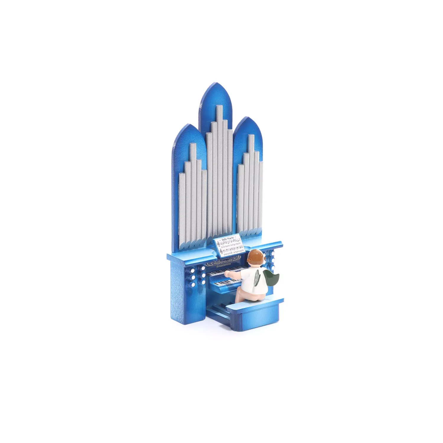 Weihnachtsengel an der Orgel aus Holz, schräg von hinten mit blauer Orgel und Pfeifen, gefertigt von