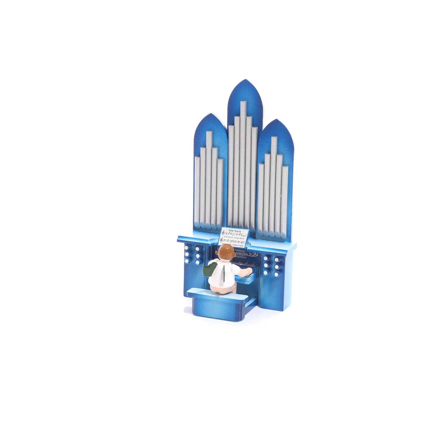 Holzfigur Engel an der Orgel ohne Krone von KDE Ellmann, handgeschnitzte Erzgebirge Figur an blauer