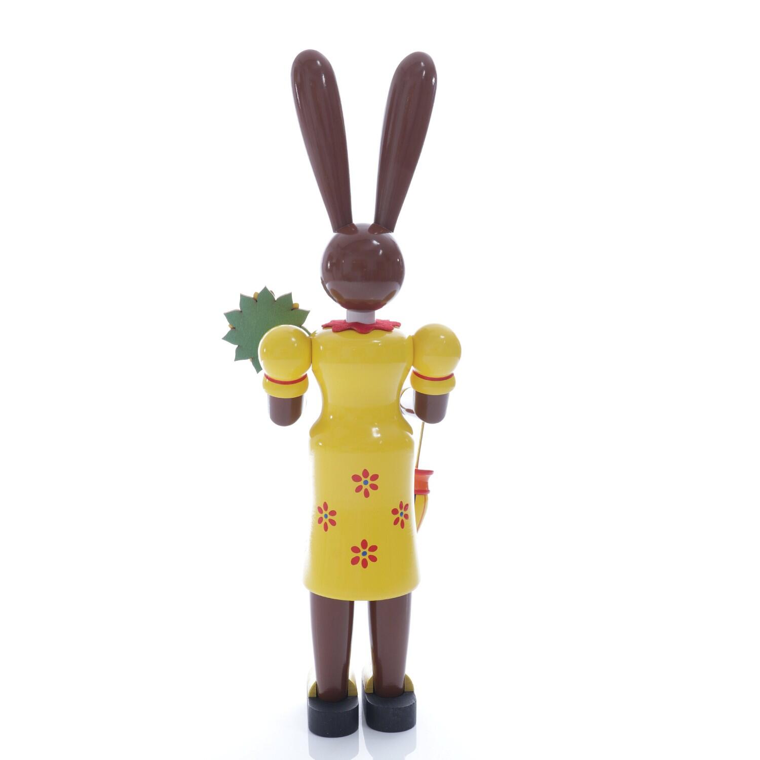 Osterfigur - Große gelbe Osterhäsin mit Blume und Sonnenschirm - Höhe 42cm