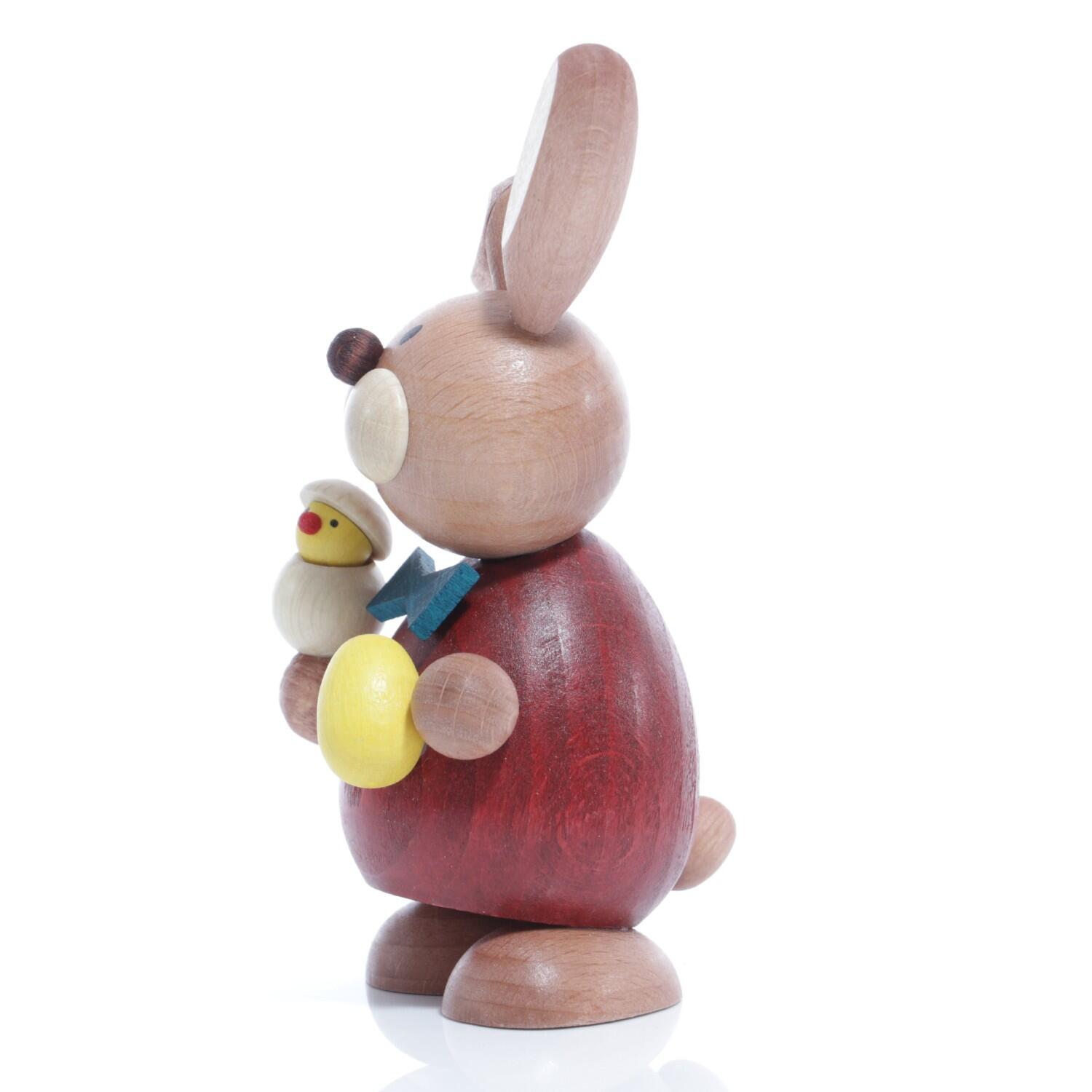 Osterfigur – liebevoll bemalter Osterhase mit Küken im Ei und gelben Ei– HxB ca. 12x5 cm