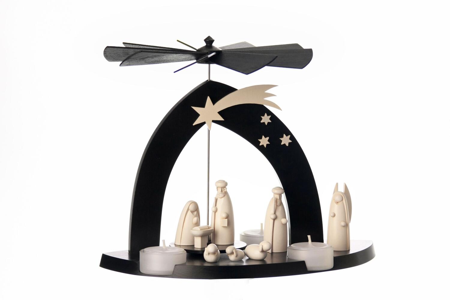 Designpyramide &ndash; Christi Geburt mit Engel Hirte und Tieren unterm schwarzem Sternbogen &ndash; BxHxT 30x23x14cm