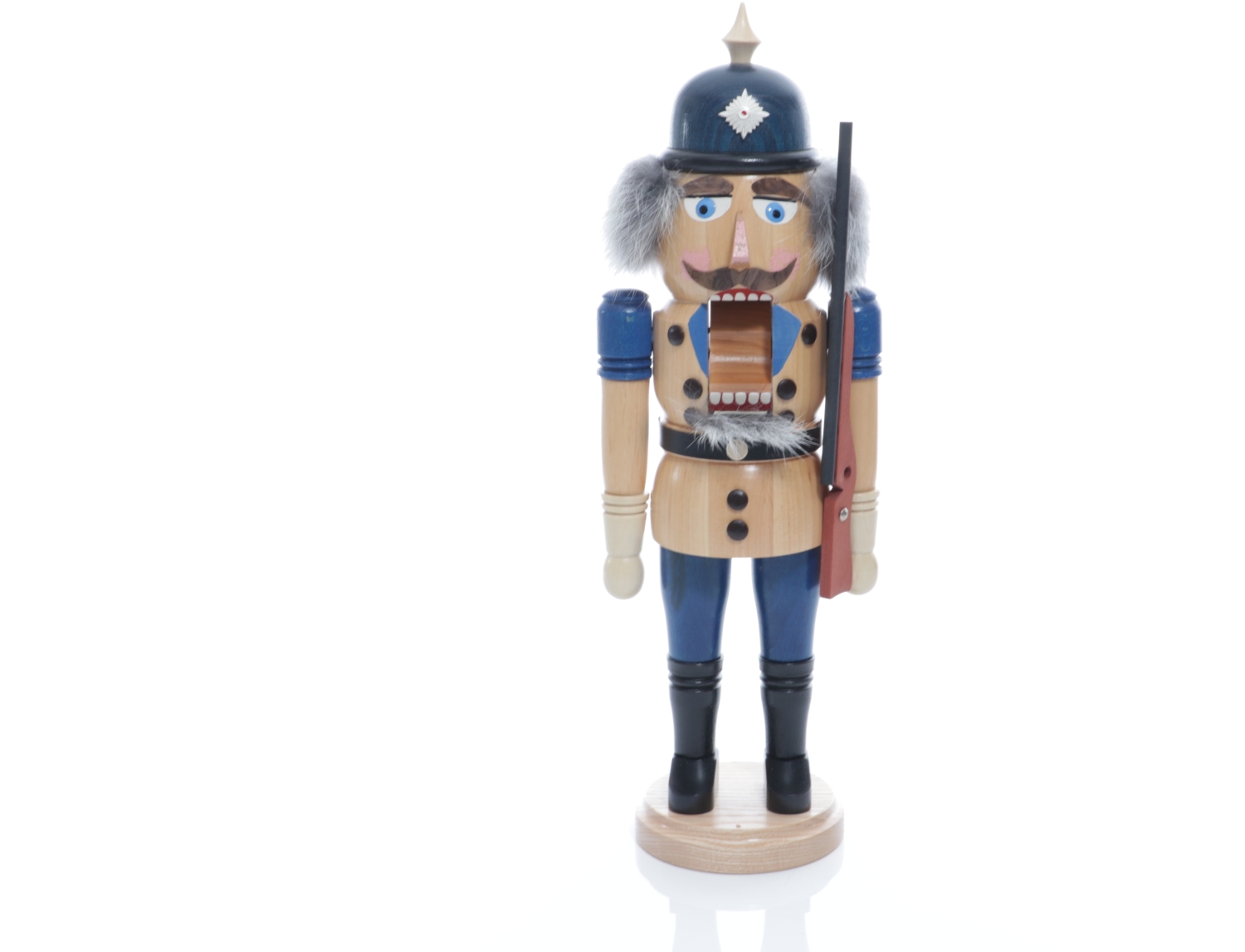 Weihnachtsfigur - Nußknacker Polizist Gewehr und Pickelhaube - Ansicht Geöffneten Mund