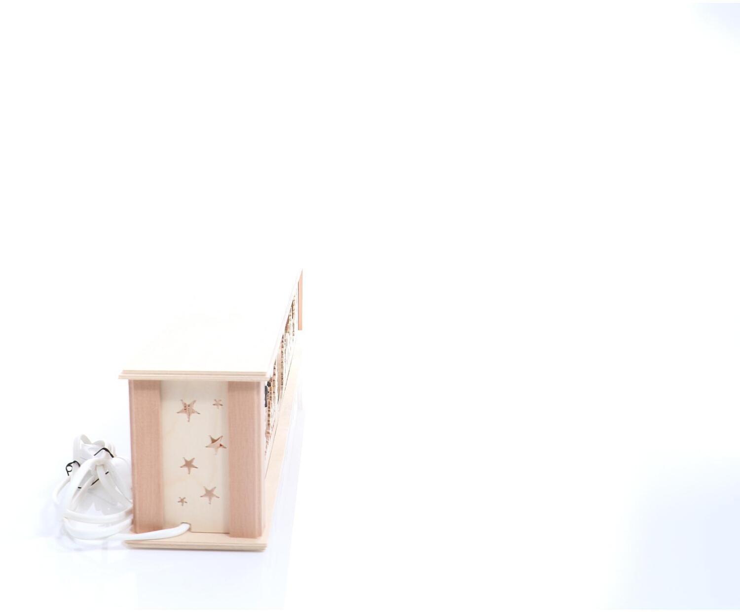 Schwibbogenerhöhung – winterliches Motiv mit Schneemann, Weihnachtsmann und Kurrende, naturfarben, beleuchtet – BxHxT = 72 x 10 x 10 cm