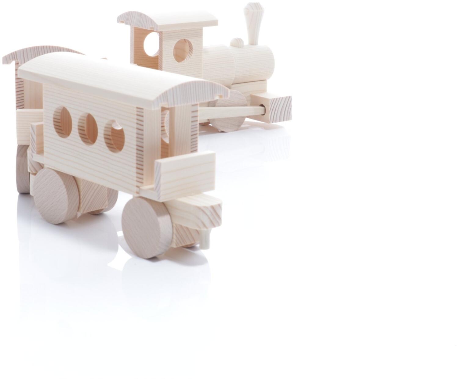 Holzspielzeug - Eisenbahn mit beweglicher Stangenantrieb und 2 Anhänger Natur  - Ansicht Hinten -