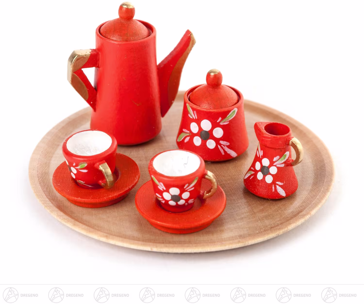 Spielzeug Mini-Kaffeeservice rund, rot mit Dekor von Großhandel Dregeno, 10-teiliges Set mit Kanne,