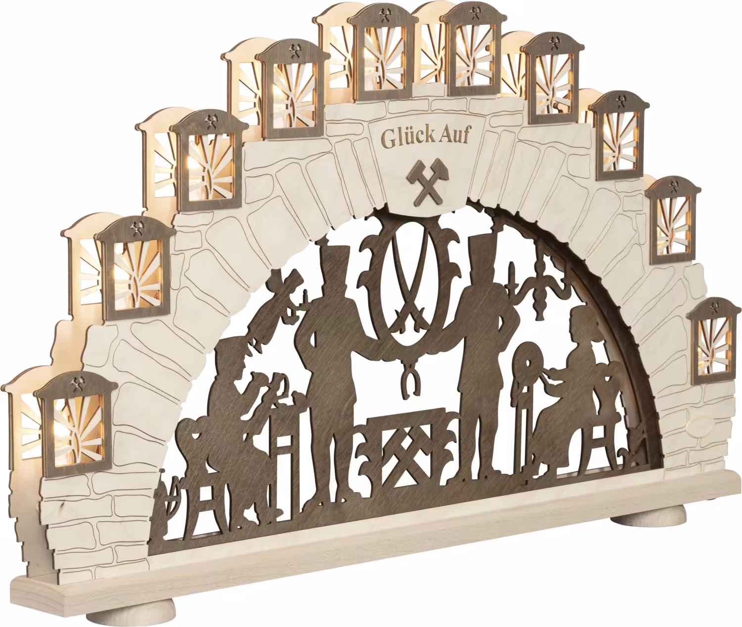 Lichterbogen - 10 flg. Erzgebirge 66 cm aus Holz mit Bergmannsszene und Schriftzug Glück Auf von