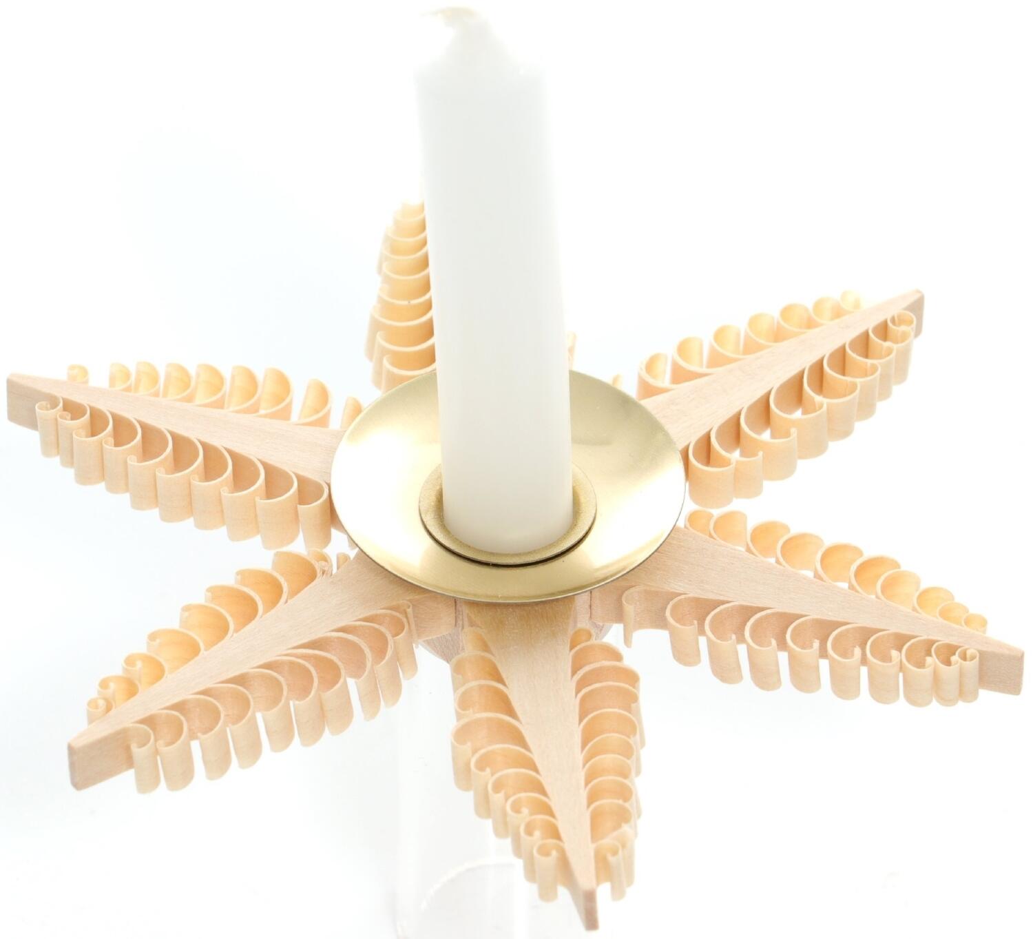 Tischschmuck – Handgefertigter Spanstern-Kerzenhalter mit sechs gestochenen Bäumchen und Messingtülle – BxHxT ca. 11,5x11,5x2 cm