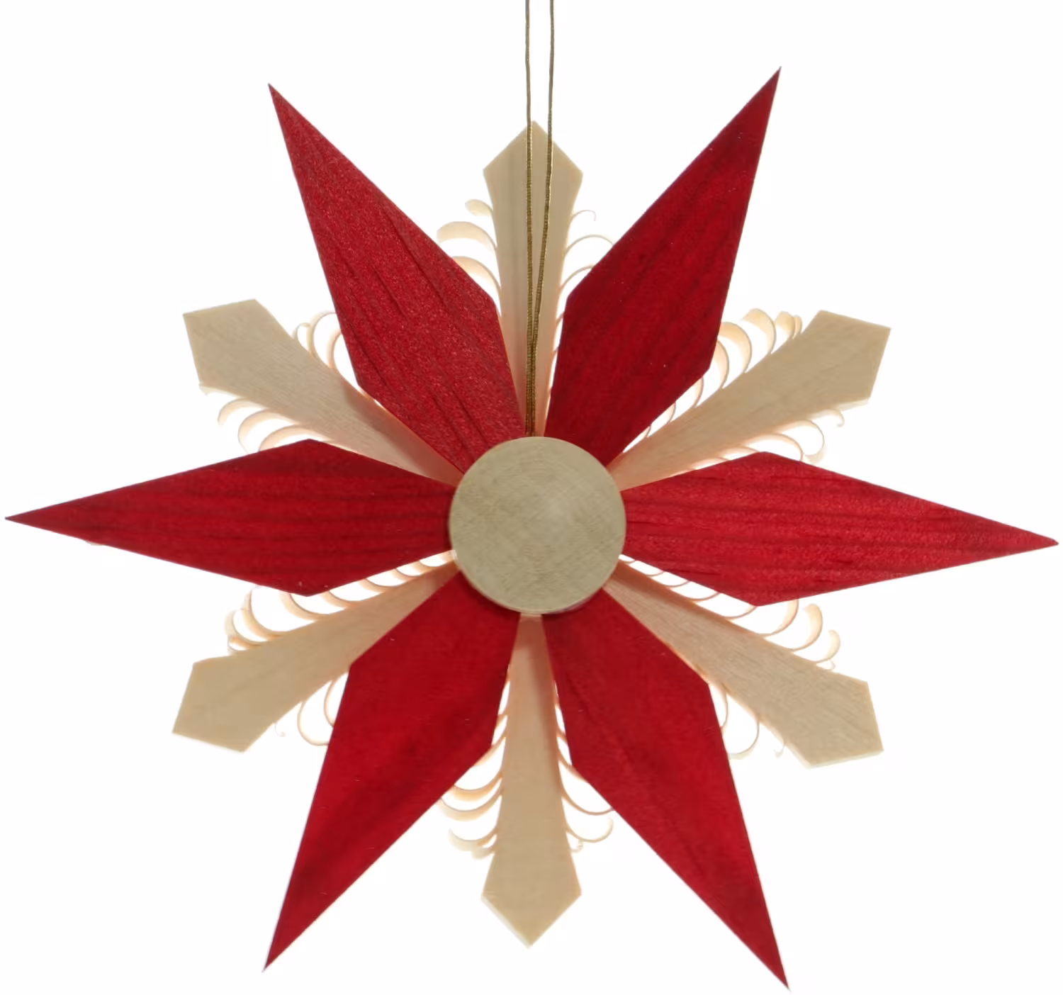 Christbaumschmuck Spanstern Rückseite mit roten Holzsegmenten und naturbelassenem Lindenholz,