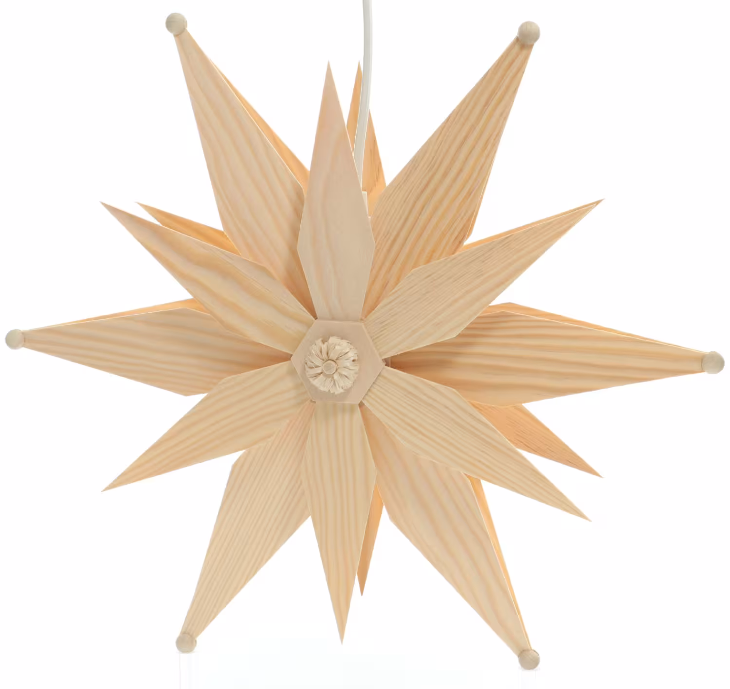 Fensterschmuck - filigraner Kiefernstern mit elektrischer Beleuchtung, Holzsegmenten und Rosette, naturbelassenes Kiefernholz - BxHxT 34x34x8cm - ...