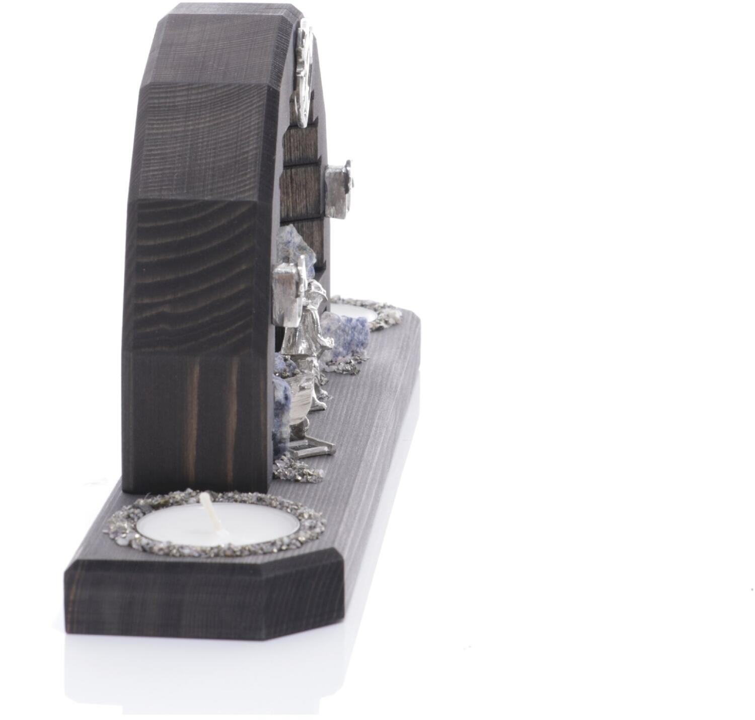 Schwibbogen Dunkel für Teelichter mit 3 Wismut Kumpel mit Hunt,Bohrhammer und Schaufel Bunt- Ansicht