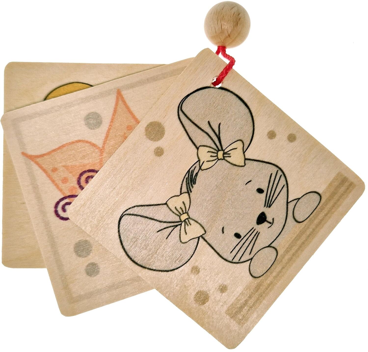 Bilderbuch – liebevoll gestaltetes Holzbilderbuch mit farbigen Maus- und Giraffenmotiv – BxHxT 11 x 9 x 1,5 cm