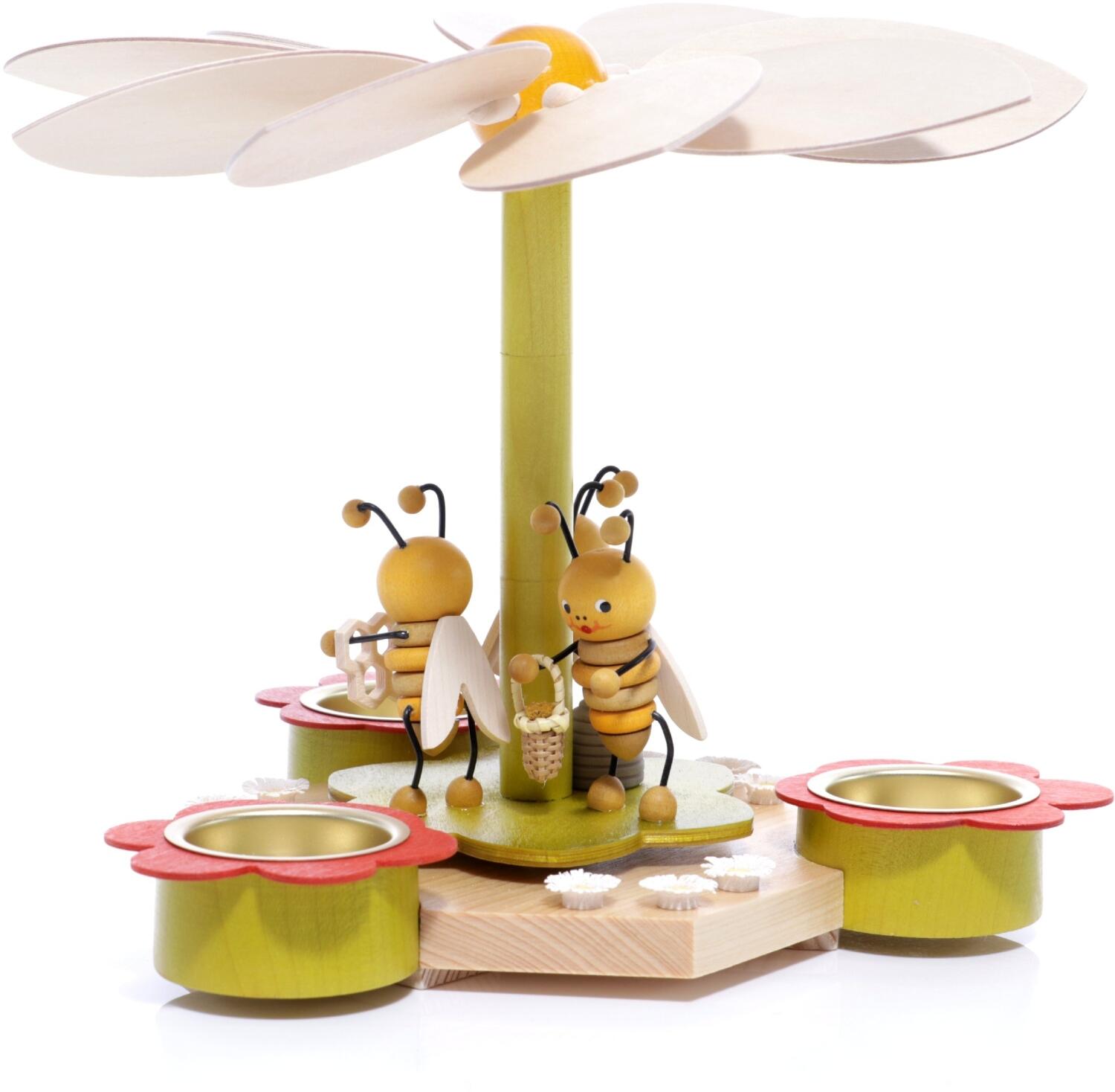 Teelichtpyramide – fröhliche Bienen mit Bienenstock und Waben, detailreich bemalt – BxHxT = 23 x 18,5 x 23 cm