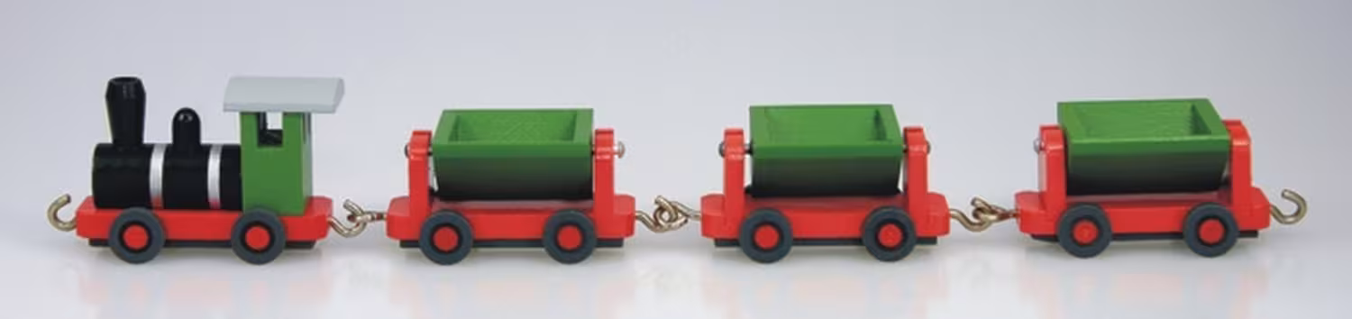 Holzeisenbahn – bunte Grubenbahn mit 3 Wagons aus Holz, handgefertigt im Erzgebirge von holz.kunst