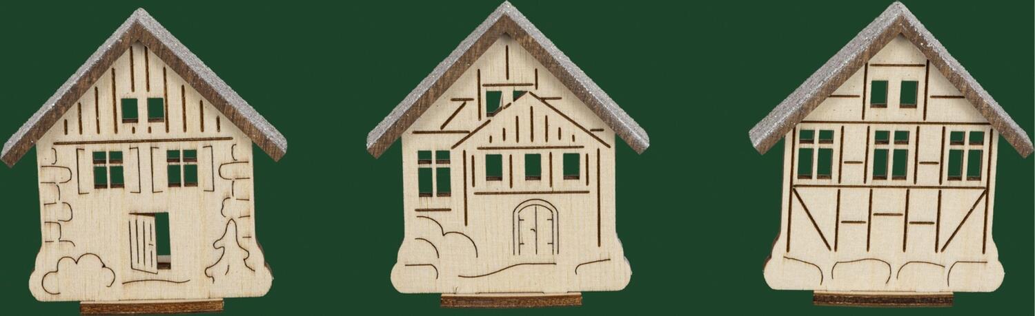 Ersatzteil &ndash; Aufsteckhaus mit Schnee f&uuml;r Schwibb&ouml;gen und Riffelkerzen, filigrane Laubs&auml;geoptik, naturfarben &ndash; BxH = 5 x 5,5 cm