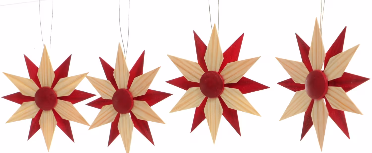 Christbaumschmuck – Filigrane, handgefertigte Holzsterne im 4er-Set mit je sechs Holzsegmenten in Natur und Rot – BxHxT ca. 8x8x2 cm - Vier ...