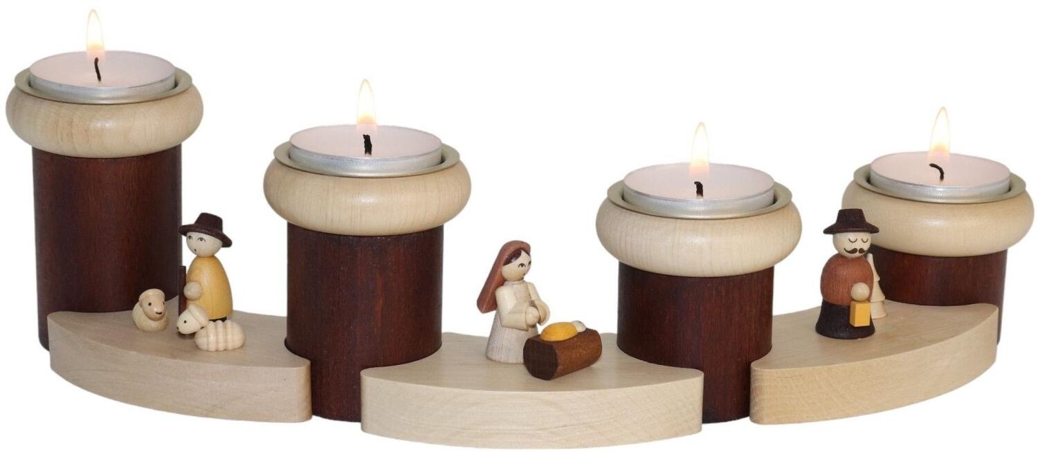 Adventskranz &ndash; Adventsteelichthalter mit Figuren der Geburt Christi und 4 Teelichthaltern &ndash; BxH 32 x 8 cm