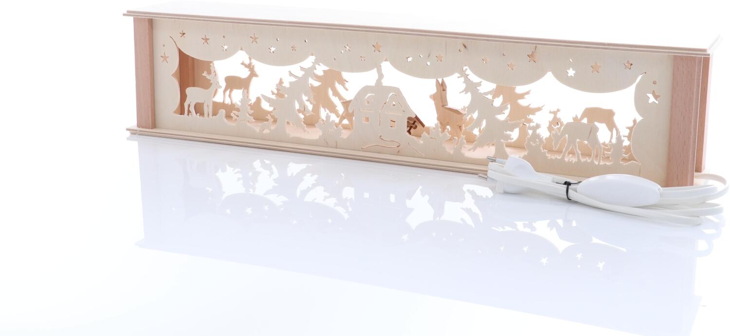 Schwibbogenerhöhung – detailreiches Waldmotiv mit Rehen und Futterkrippe, naturfarben, beleuchtet – BxHxT = 52 x 10 x 10 cm