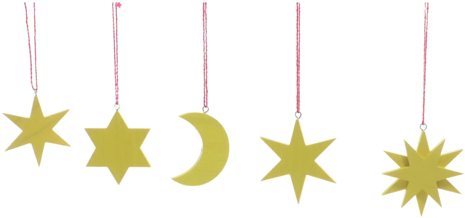 Christbaumschmuck aus Holz – 4 Sterne und ein Mond in Gelb zum Hängen, Vorderansicht, Traditionelles