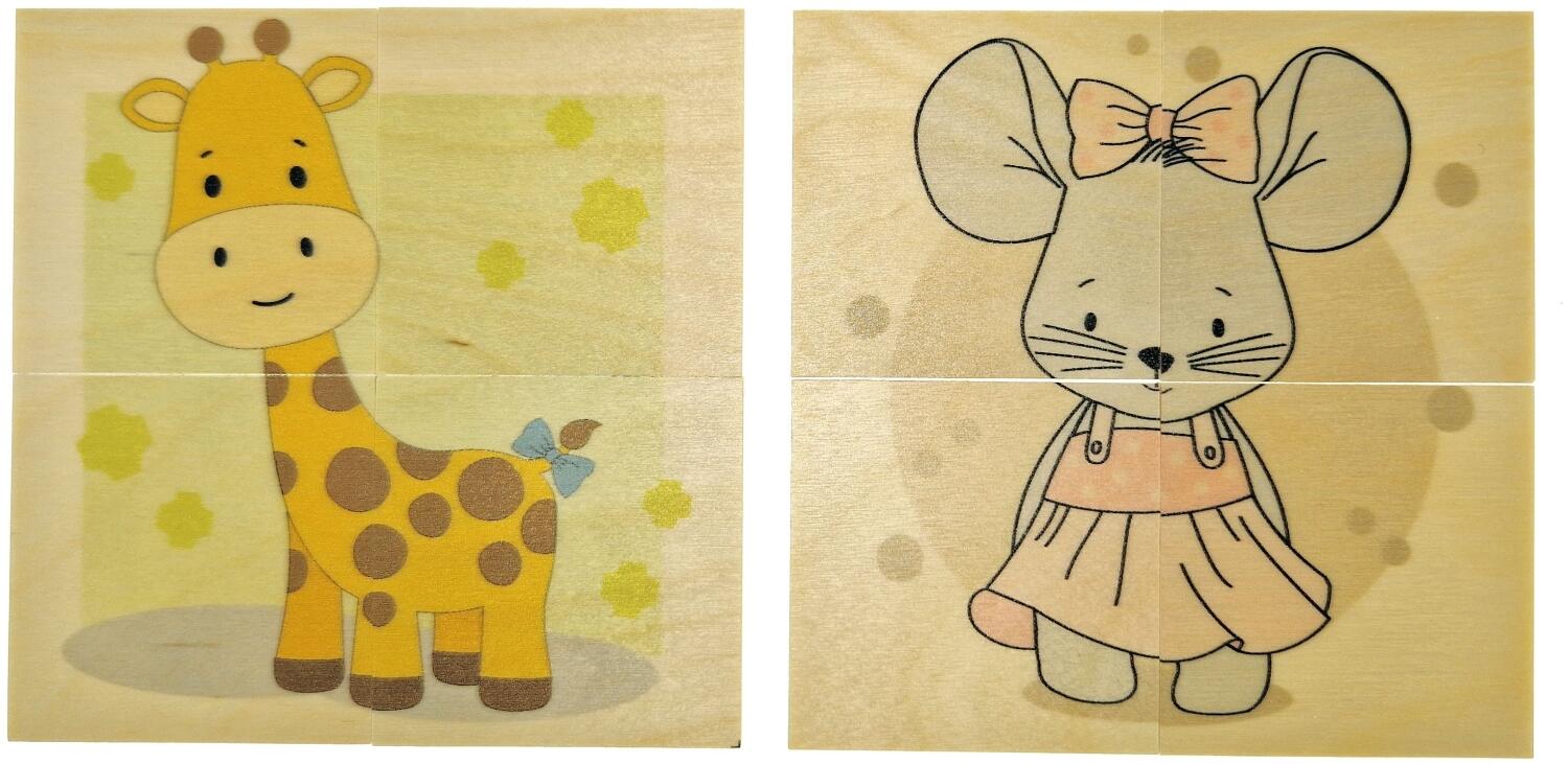Holzpuzzle mit Tiermotiven, zwei kleine Holzquadrate mit niedlicher Giraffe und Maus auf je 4 x 4 cm