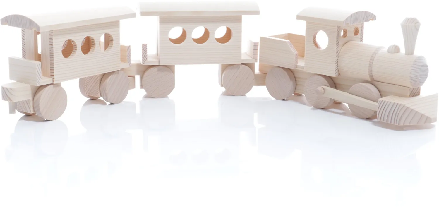 Seitliche Ansicht der Holzspielzeug Eisenbahn mit beweglichem Stangenantrieb und zwei abkoppelbaren