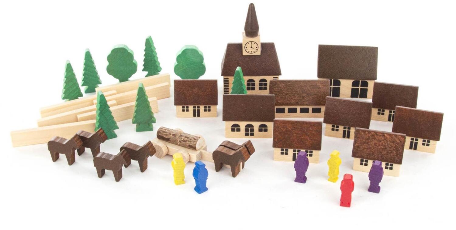 Holzspielzeug – detailreiches Erzgebirgisches Dorf mit Figuren und Pferdefuhrwerk, farbenfroh – HxBxT variabel, max. Höhe 9 cm
