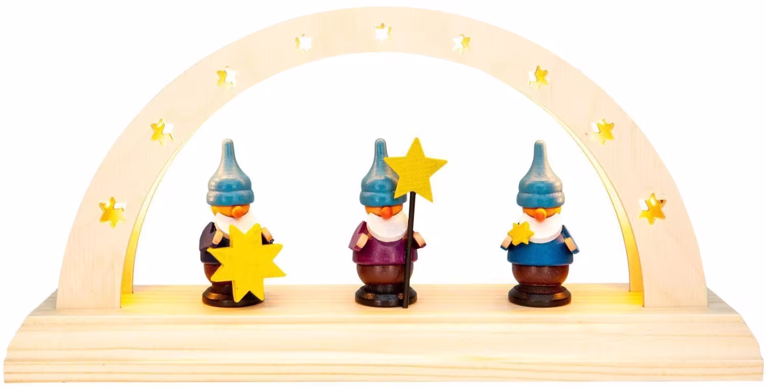 Schwibbogen Sternenzwerge mit LED-Beleuchtung von Spielwarenmacher Günther, naturfarbener Holzbogen