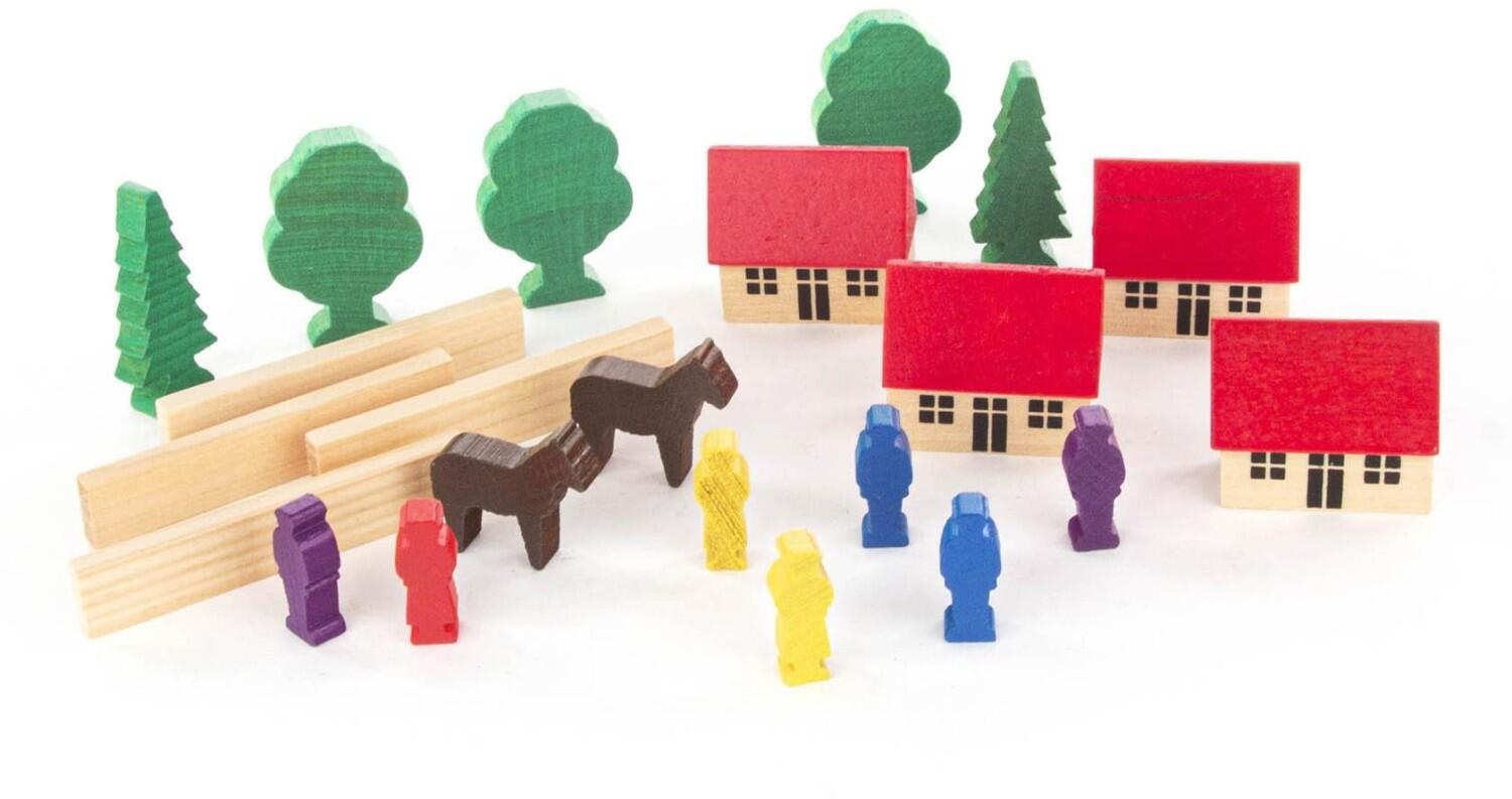 Holzspielzeug – fantasievolle Feriensiedlung mit Pferden und bunten Figuren, farbenfrohes Design – H = 4 cm