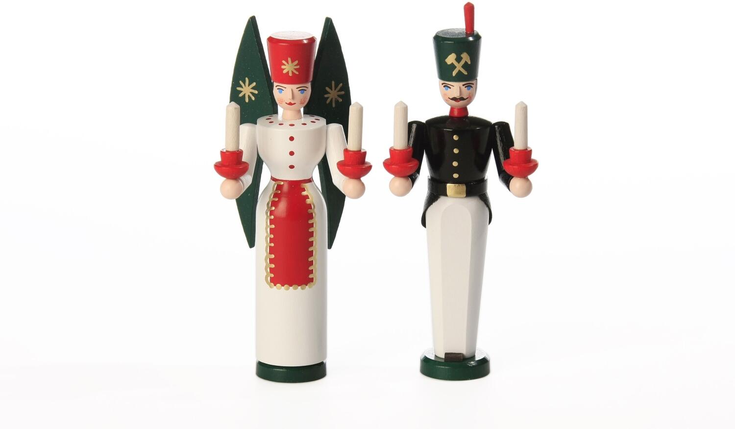 Lichterfiguren Bergmann und Engel mit Kerzentüllen aus Holz, farbig gestaltet von Seiffener