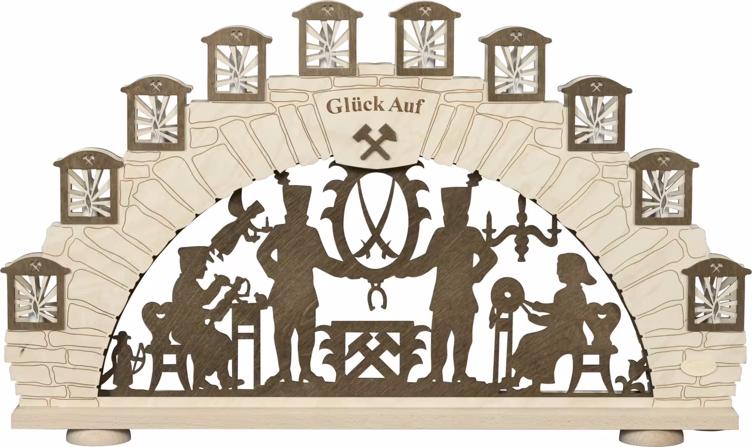 Lichterbogen 10 flammig aus dem Erzgebirge mit Bergmannsszene und Schriftzug Glück Auf aus Holz von