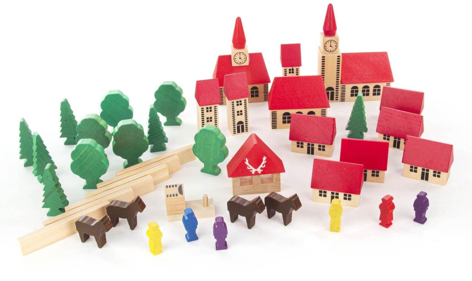 Holzspielzeug – liebevoll gestaltetes Dorf mit Kirche, Figuren und Tieren, handbemalt – BxHxT = 20 x 10 x 15 cm
